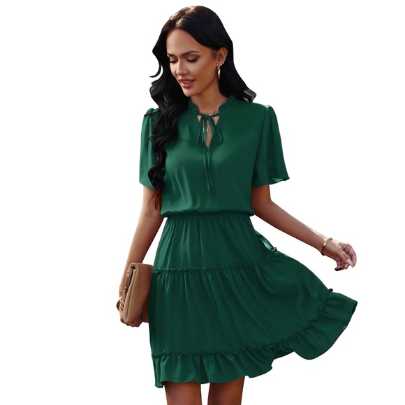 High Neck Neck Waist Ruffle Dress - Picture 1 of 8
